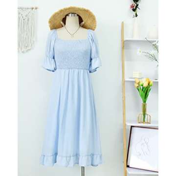 XIONGMEI Women Summer Casual Dresses 2023 Short Puff Sleeve Square Neck Smocked A-Line Solid Ruffle Flowy Midi Dress (Small, Solid Blue)