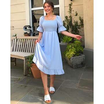 XIONGMEI Women Summer Casual Dresses 2023 Short Puff Sleeve Square Neck Smocked A-Line Solid Ruffle Flowy Midi Dress (Small, Solid Blue)
