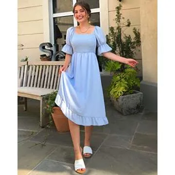 XIONGMEI Women Summer Casual Dresses 2023 Short Puff Sleeve Square Neck Smocked A-Line Solid Ruffle Flowy Midi Dress (Small, Solid Blue)