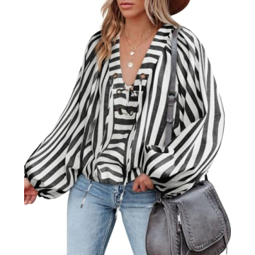 Tankaneo Womens Long Lantern Sleeve Blouses Loose Fit Striped Shirts Casual Lace Up V Neck Tops Blac...