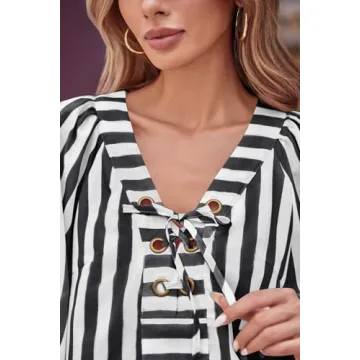 Tankaneo Womens Long Lantern Sleeve Blouses Loose Fit Striped Shirts Casual Lace Up V Neck Tops Black