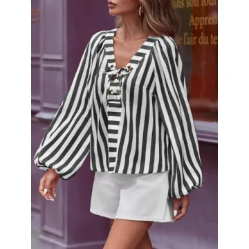 Tankaneo Womens Long Lantern Sleeve Blouses Loose Fit Striped Shirts Casual Lace Up V Neck Tops Black