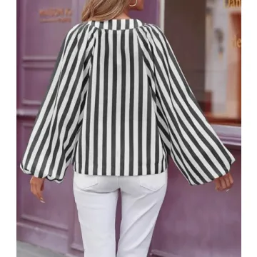 Tankaneo Womens Long Lantern Sleeve Blouses Loose Fit Striped Shirts Casual Lace Up V Neck Tops Black