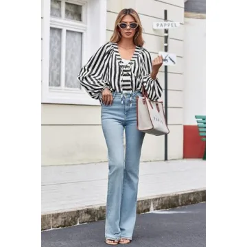 Tankaneo Womens Long Lantern Sleeve Blouses Loose Fit Striped Shirts Casual Lace Up V Neck Tops Black