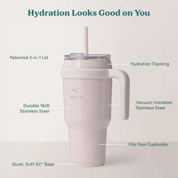 REDUCE Cold1 40 oz Tumbler with Handle - Vacuum Insulated Stainless Steel Water Bottle for Home, Office or Car, Reusable Mug with Straw or Leakproof Flip Lid, Keeps Drinks Cold All Day- Gloss Cotton