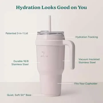 REDUCE Cold1 40 oz Tumbler with Handle - Vacuum Insulated Stainless Steel Water Bottle for Home, Office or Car, Reusable Mug with Straw or Leakproof Flip Lid, Keeps Drinks Cold All Day- Gloss Cotton