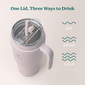 REDUCE Cold1 40 oz Tumbler with Handle - Vacuum Insulated Stainless Steel Water Bottle for Home, Office or Car, Reusable Mug with Straw or Leakproof Flip Lid, Keeps Drinks Cold All Day- Gloss Cotton