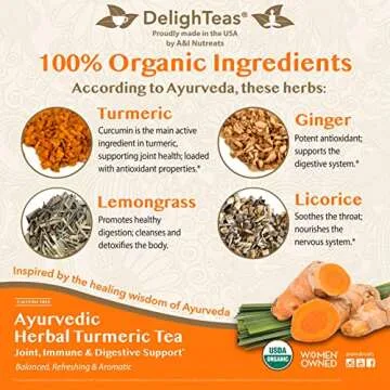 DelighTeas Organic Turmeric Ginger Tea | Ayurvedic Loose Leaf Herbal Turmeric Tea for Joint, Immune & Digestive Support | Caffeine Free, Unsweetened | 50 Servings, 4oz.