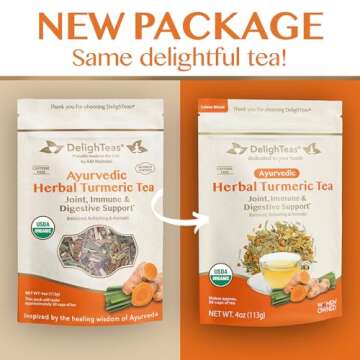 DelighTeas Organic Turmeric Ginger Tea | Ayurvedic Loose Leaf Herbal Turmeric Tea for Joint, Immune & Digestive Support | Caffeine Free, Unsweetened | 50 Servings, 4oz.