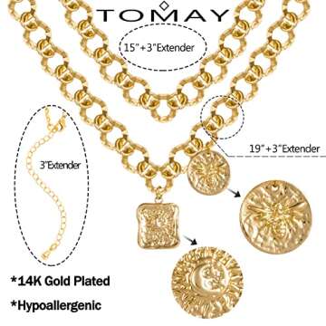 Tomay Trendy Gold Chunky Choker Necklaces for Women 2 Pack, 14K Gold Plated Bee and Sun Pendant Laye...