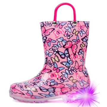 HugRain Toddler Girls Rain Boots Little Kids Baby Light Up Printed Waterproof Shoes Lightweight Rubb...