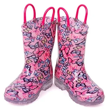 HugRain Toddler Girls Rain Boots Little Kids Baby Light Up Printed Waterproof Shoes Lightweight Rubber Adorable Butterfly Pink with Easy-On Handles Non Slip (Size 9,Pink)
