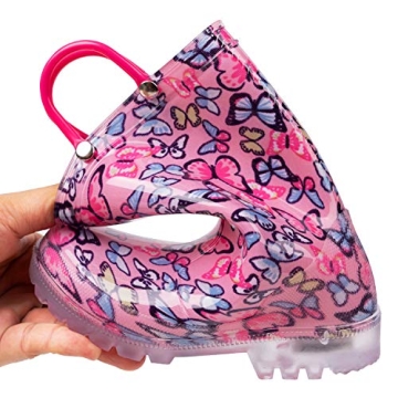 HugRain Toddler Girls Rain Boots Little Kids Baby Light Up Printed Waterproof Shoes Lightweight Rubber Adorable Butterfly Pink with Easy-On Handles Non Slip (Size 9,Pink)