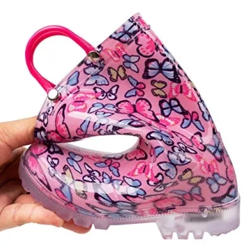 HugRain Toddler Girls Rain Boots Little Kids Baby Light Up Printed Waterproof Shoes Lightweight Rubber Adorable Butterfly Pink with Easy-On Handles Non Slip (Size 9,Pink)