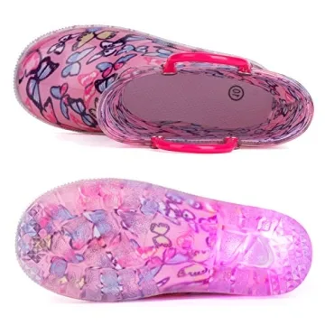 HugRain Toddler Girls Rain Boots Little Kids Baby Light Up Printed Waterproof Shoes Lightweight Rubber Adorable Butterfly Pink with Easy-On Handles Non Slip (Size 9,Pink)