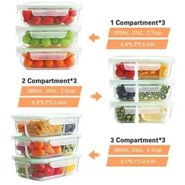 Bayco 9 Pack Glass Meal Prep Containers 3 & 2 & 1 Compartment, Glass Food Storage Containers with Li...