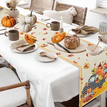 Fall Table Runner, Pumpkin Truck Buffalo Plaid Maple Leaves Autumn Thanksgiving Harvest Kitchen Dining Table Runners for Kitchen Dining Coffee or Indoor Outdoor Home Party Decor 13 x 72 Inch