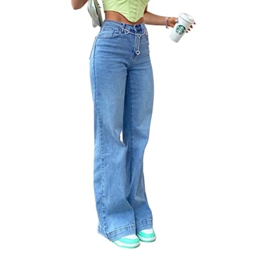 YUZIBAO Women's Straight Leg Jeans High Waisted Wide Leg Boyfriend Baggy Jeans (Blue, XL)