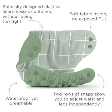 Esembly Cloth Diaper Bundle Set, 3 Organic Absorbent Inners and 1 Waterproof Recycled Diaper Cover, Reusable Washable Diapers with Snap Closure, Size 1 (7-17lbs), Aloe
