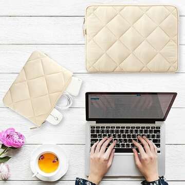 LANDICI Puffy Laptop Sleeve Carrying Case 14 15 Inch Compatible with MacBook Pro 14/15, MacBook Air M2 15, Surface Laptop 4/5, Chromebook 14, Cute Computer Cover Bag with Accessories Pouch, Apricot