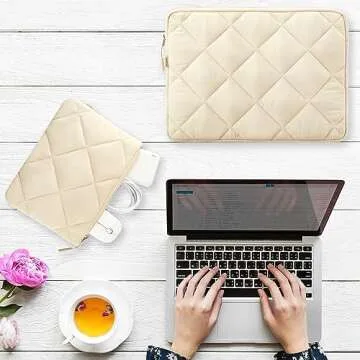 LANDICI Puffy Laptop Sleeve Carrying Case 14 15 Inch Compatible with MacBook Pro 14/15, MacBook Air M2 15, Surface Laptop 4/5, Chromebook 14, Cute Computer Cover Bag with Accessories Pouch, Apricot