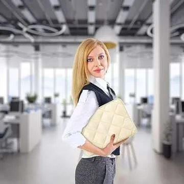 LANDICI Puffy Laptop Sleeve Carrying Case 14 15 Inch Compatible with MacBook Pro 14/15, MacBook Air M2 15, Surface Laptop 4/5, Chromebook 14, Cute Computer Cover Bag with Accessories Pouch, Apricot