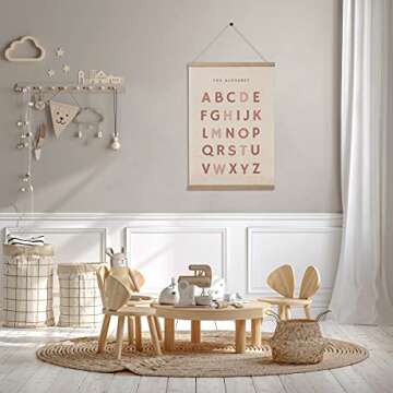 Bon et Beau 16×24 Inch Embroidered Alphabet Poster Framed with Wood Hanger - Dusty Pink Wall Decor ...