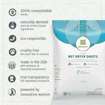 Grab Green Wet Dryer Sheets, 96 Count, Fragrance Free, Plant Based, Softens Fabrics, Reduces Static Cling and Wrinkles