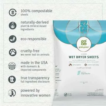 Grab Green Wet Dryer Sheets, 96 Count, Fragrance Free, Plant Based, Softens Fabrics, Reduces Static Cling and Wrinkles