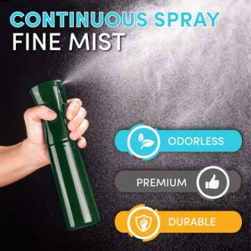 Hula Home Continuous Spray Bottle for Hair (10.1oz/300ml) Empty Ultra Fine Plastic Water Mist Sprayer – For Hairstyling, Cleaning, Salons, Plants, Essential Oil Scents & More - Green
