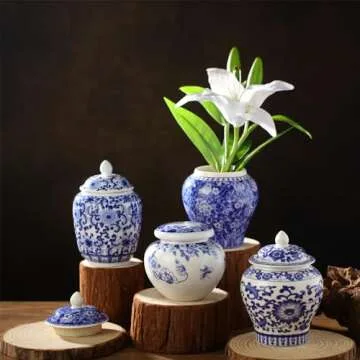 Hushee Small Blue and White Vase Porcelain Vases Blue Chinoiserie Decor Porcelain Ginger Jars for Home Chinoiserie Decor for Bedroom Table Accent Shelf Tabletop(Classic,4 Pcs)