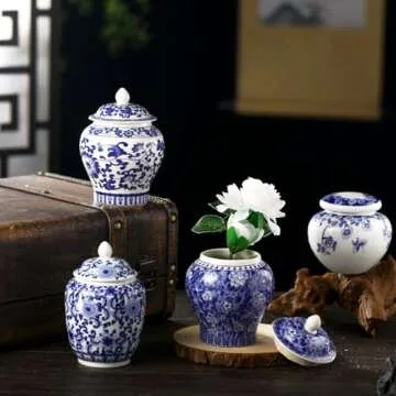 Hushee Small Blue and White Vase Porcelain Vases Blue Chinoiserie Decor Porcelain Ginger Jars for Home Chinoiserie Decor for Bedroom Table Accent Shelf Tabletop(Classic,4 Pcs)