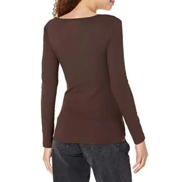 Amazon Essentials Women's Fitted Long Sleeve Shirt, Slim-Fit - Layering Knit Rib V-Neck (Plus Size Available), Pack of 2, Eggshell White/Espresso, X-Large