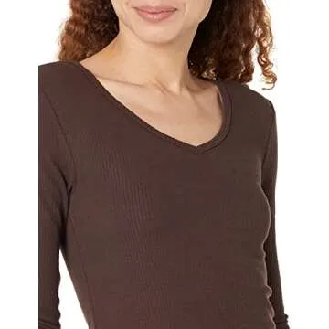 Amazon Essentials Women's Fitted Long Sleeve Shirt, Slim-Fit - Layering Knit Rib V-Neck (Plus Size Available), Pack of 2, Eggshell White/Espresso, X-Large