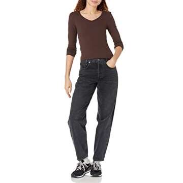 Amazon Essentials Women's Fitted Long Sleeve Shirt, Slim-Fit - Layering Knit Rib V-Neck (Plus Size Available), Pack of 2, Eggshell White/Espresso, X-Large