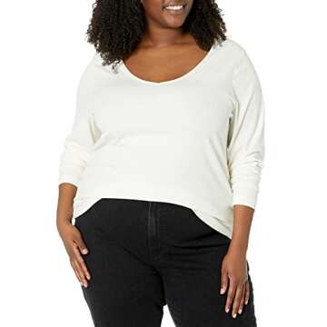 Amazon Essentials Women's Fitted Long Sleeve Shirt, Slim-Fit - Layering Knit Rib V-Neck (Plus Size Available), Pack of 2, Eggshell White/Espresso, X-Large
