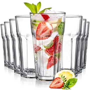 Yopay Set of 8 Highball Drinking Glasses, 12oz Lead-Free Tempered Water Glasses Thick Heavy Base, Cl...