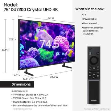 SAMSUNG 75-Inch Class Crystal UHD 4K DU7200 Series HDR Smart TV w/Object Tracking Sound Lite, PurCol...