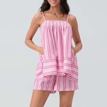 Pivanzore Y2K Striped Pajama Set Women 2 Piece Camisole Babydoll Tops and Striped Boxer Shorts Matching Pj Set Lounge Sets(Pink,Medium)