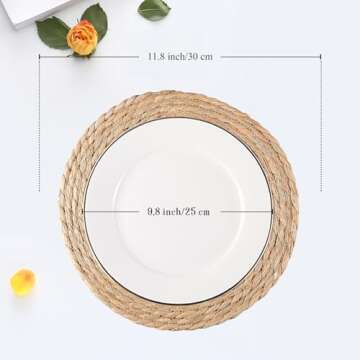 RUNTIVAN Round Woven Placemats Set of 6, Natural Water Hyacinth Place mats, 12 inch Rattan Placemats...