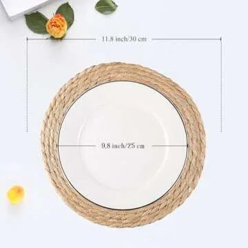 RUNTIVAN Round Woven Placemats Set of 6, Natural Water Hyacinth Place mats, 12 inch Rattan Placemats...