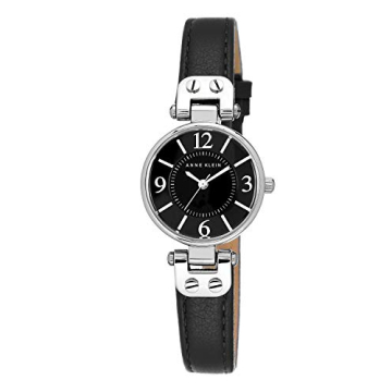 Anne Klein Women's Silver-Tone Black Dial Leather Strap Watch