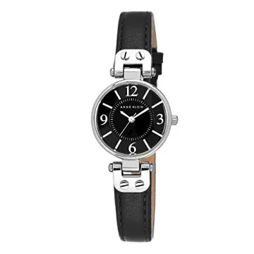 Anne Klein Women's Silver-Tone Black Dial Leather Strap Watch