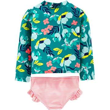 Simple Joys by Carter's Girls' 2-Piece Assorted Rashguard Sets, Green Floral/Pink Stripe, 5T