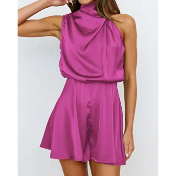 BTFBM Women’s Mock Neck Satin Romper for Summer Style
