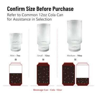 Ribbed Glasses - Easy-to-Grip Glassware Set with Straws and Ice Molds - 12oz x 4, 7oz x 4 - Vintage ...