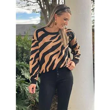 KIRUNDO Women's 2023 Fall Winter Casual Long Sleeve Crew Neck Zebra Striped Print Color Block Knit Sweater Pullover Tops(Zebra-Yellowish Brown, Medium)
