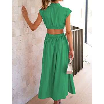 QWOPLK Dresses for Women's Summer Sleeveless Solid Stand Collar Sleeveless Hollow Waist Midi Dress Small Green