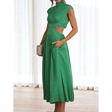 QWOPLK Dresses for Women's Summer Sleeveless Solid Stand Collar Sleeveless Hollow Waist Midi Dress Small Green