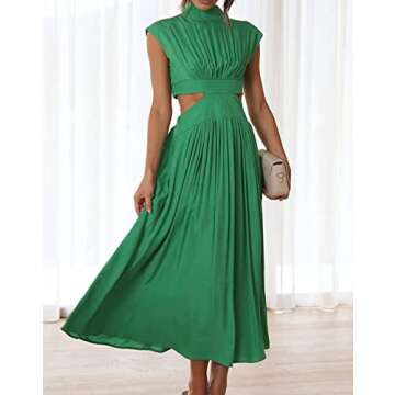 QWOPLK Dresses for Women's Summer Sleeveless Solid Stand Collar Sleeveless Hollow Waist Midi Dress Small Green
